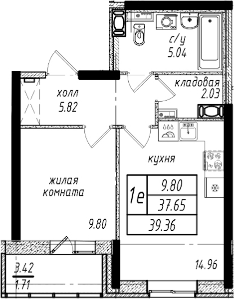 1-комнатная квартира 39.36 м², 9/25 эт., ЖК «Северная Долина»
